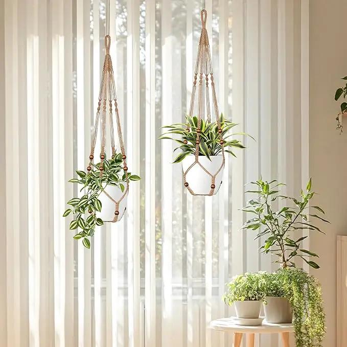 Jute Macrame Plant Hanger Indoor Set of 2 Hanging Planter Basket Flower Pot Holder with Decorative Wood Beads & No Tassels for Indoor Outdoor Boho Home Decor, 35 Inch Brown (Pots Not Included) by GreenHaven Gardens
