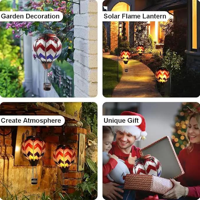 Hot Air Balloon Solar Lantern with Flickering Flame, Glass Hanging Garden Lights Outdoor Waterproof for Tree Yard Patio Mother's Day Gift, 18" H Wavy-Blue Red White by GreenHaven Gardens