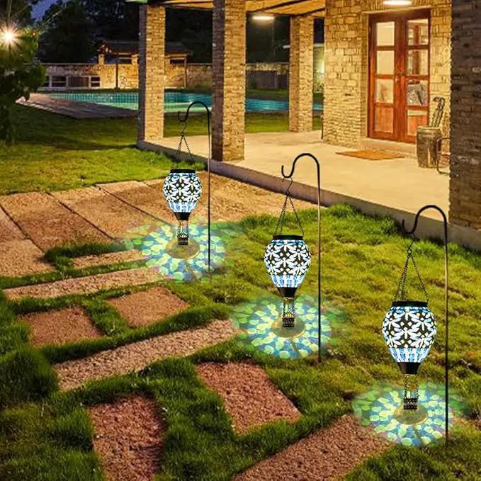Starsoul Mosaic Dragonfly Hot Air Balloon Solar Lantern Glass Outdoor Hanging Hot Air Balloon Solar Flickering Flame Light Waterproof Garden Patio Yard Party Decorations by GreenHaven Gardens