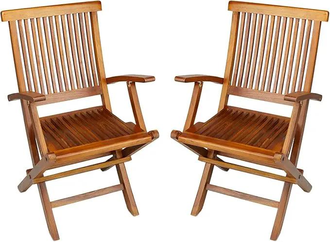 TeakCraft Teak Folding Arm Chair - 2 Piece Foldable Chairs Set - Fully Assembled - Solid Wooden Outdoor, Indoor- Wood Dining Room, Kitchen, Patio, Bistro Chairs, The Mille by GreenHaven Gardens
