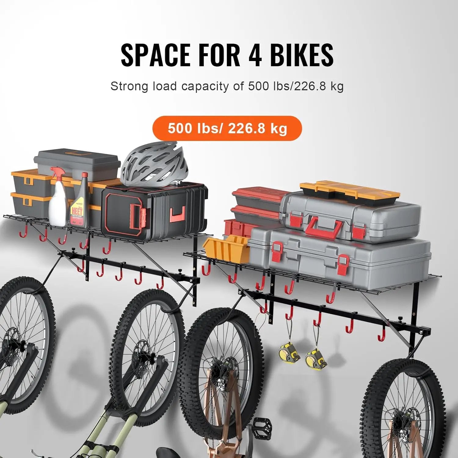 VEVOR Bike Storage Rack, 4 Bike Racks, Wall Mount Bike Storage Hanger with 2 Shelves, Home and Garage Organizer, Customizable for Various Bike Sizes, Adjustable Holder, Holds Up to 500 lbs, 63-inch by GreenHaven Gardens