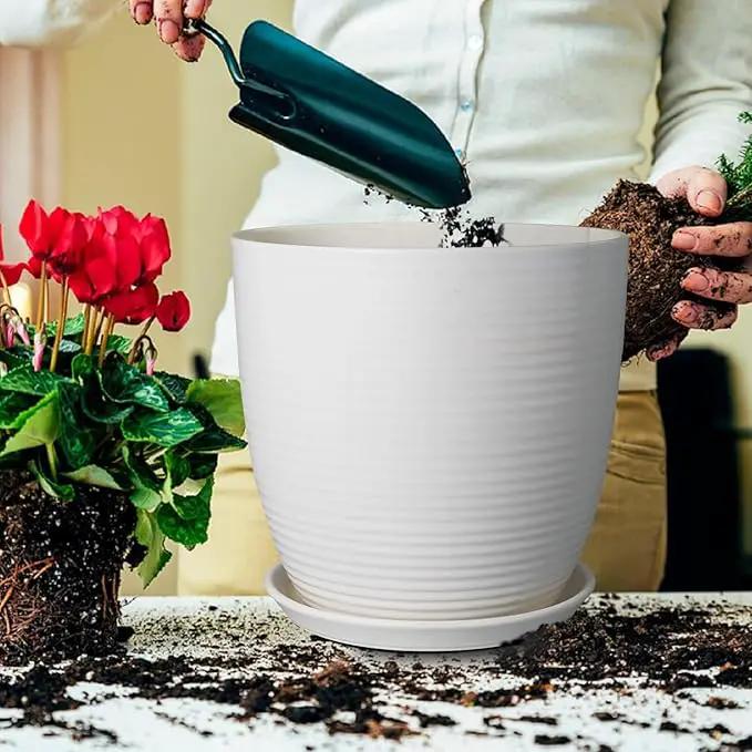 12 Inch Ceramic Planter Pot, Large Planter Pot with Drainage Hole and Saucer Round Flower Pot for Indoor Outdoor Plants, White by GreenHaven Gardens