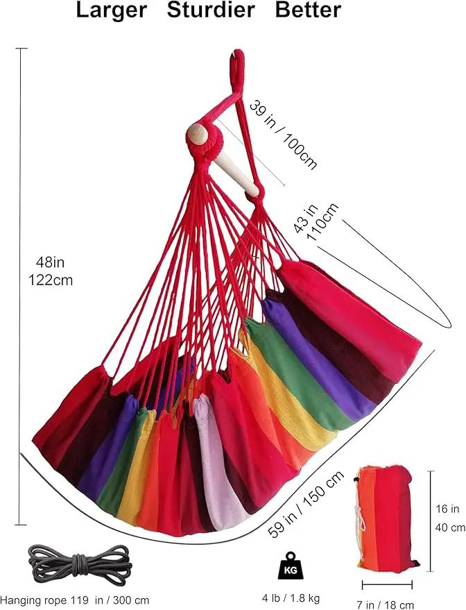 Hammock Chair Large Hammock Swing, 110 x 150cm Load 150kg, Cotton Hammock Chair Metal Spread Bar Wide Seat Swing Chair(red) by GreenHaven Gardens