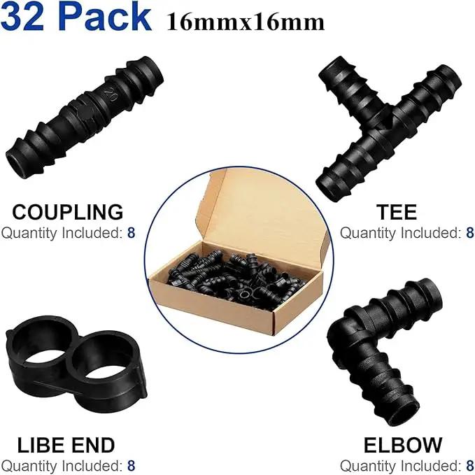 Maitys Irrigation Fittings Kit for Tubing 32 Piece Set, 8 Tees, 8 Couplings, 8 Elbows and 8 End Cap Plugs Barbed Connectors for Drip Sprinkler Systems, Garden, Patio, Lawn or Flower Bed (1/2 Inch) by GreenHaven Gardens