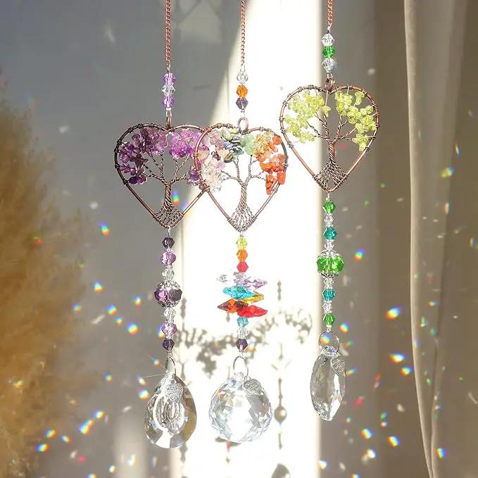 Crystal Sun Catcher Indoor Windows Hanging Tree of Life SunCatchers with Prisms, Chakra Decor for Home, Healing, Pack of 3 by GreenHaven Gardens