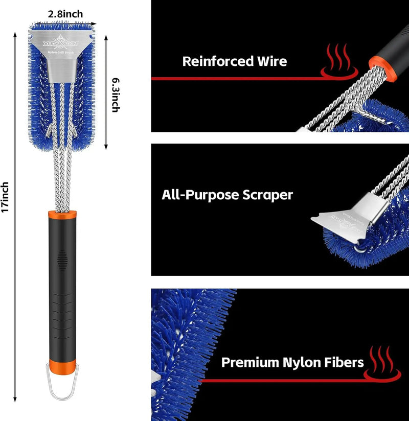 Grill Brush and Scraper, Safe Nylon Bristles Barbecue Triple Scrubbers Cleaning Brush for Cast Iron Grates/Porcelain/Weber Gas/Charcoal Grill,Extra Strong BBQ Cleaner Accessories (Blue) by GreenHaven Gardens