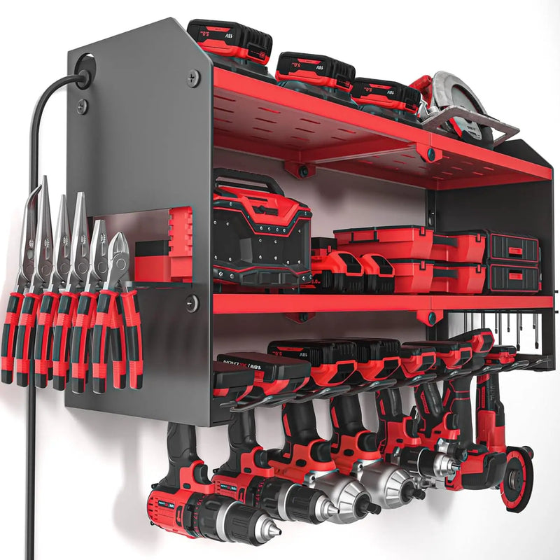 YYR Power Tool Organizer with Charging Station Wall Mount, Cordless Drill and Battery Holder for Garage Organization, Electric Tools Storage Rack Build in Surge Protection Power Strip - Red Shelf by GreenHaven Gardens