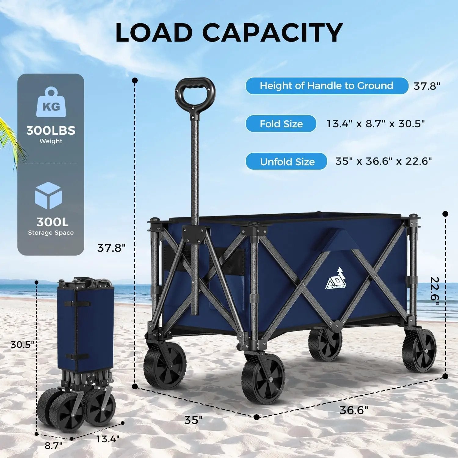 Collapsible Wagon Cart Foldable with 300lbs Load-Bearing, Heavy Duty Folding Wagons Carts with All Terrain Wheels, Utility Beach Wagon for Outdoor Garden, Camping Shopping Sports,U-2 Blue by GreenHaven Gardens