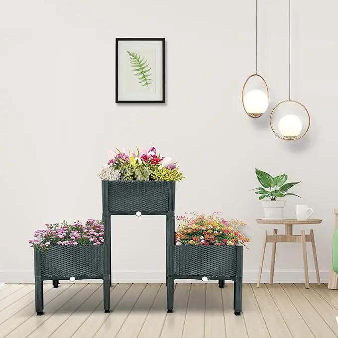 MAYOLIAH Raised Garden Bed with Drainage Elevated Planter Box Plastic Raised Beds for Gardening Vegetables Herb Flowers, Perfect for Indoor Outdoor Planting, 3 Boxes Grey by GreenHaven Gardens