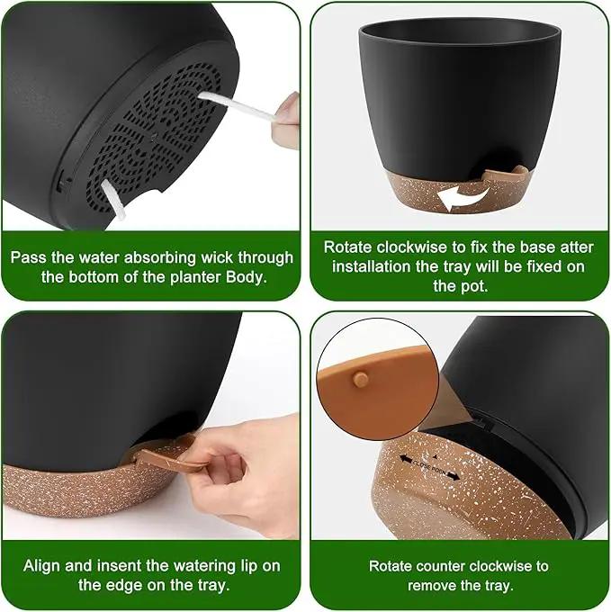 Plant Pots 12/10/9 Inch Self Watering Pots, Set of 3 Plastic Planters with Drainage Holes and Saucers,Plastic Flower Pots,Nursery Planting Pot for Indoor Out Door Plants(Black) by GreenHaven Gardens