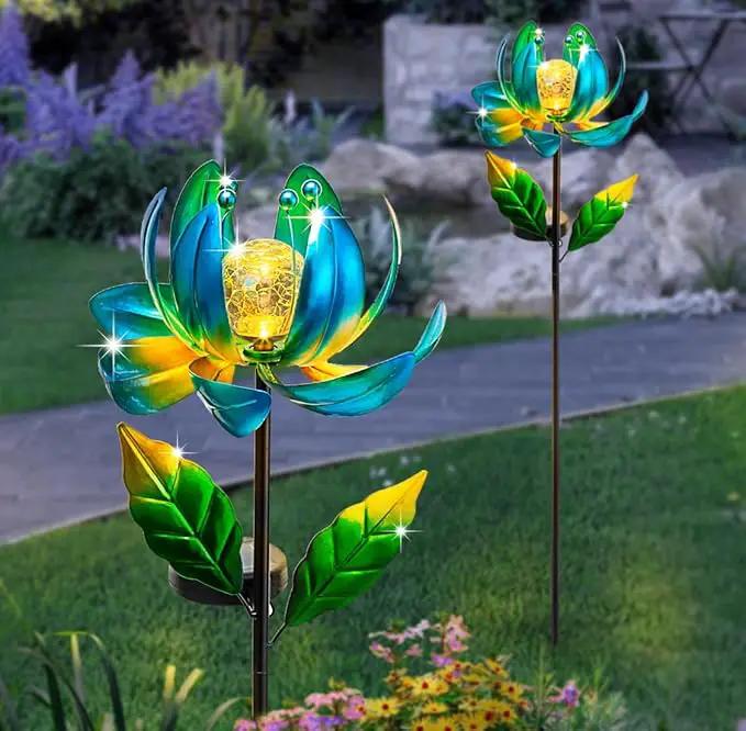 Solar Yard Lights Wind Spinners- Metal Lotus Flower Garden Decor LED Crackle Glass Globe Yard Art Sculpture Solar Stake Lights for Patio Pathway Lawn Walkway by GreenHaven Gardens