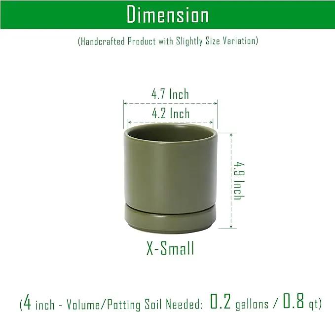D'vine Dev Set of 2 Plants Pots, 4.7 Inch Ceramic Planter Pot for Plants with Drainage Hole and Saucer, Olive, 94-V-B-J by GreenHaven Gardens
