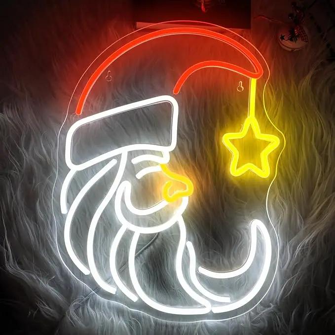 Moon Christmas Santa Neon Sign,Cute Anime Neon Light,Moon Star Neon Sign for Wall Decor,Red Christmas Hat USB Neon Light Sign for Party Store Living Room Bar Door Kids Bedroom Christmas Gift by GreenHaven Gardens