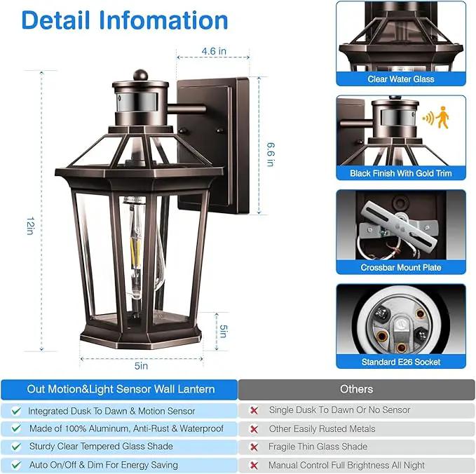 VIANIS Motion Sensor Outdoor Lights, Oil Rubbed Bronze Dusk to Dawn Outdoor Wall Lights Exterior, Waterproof Wall Lantern with Tempered Glass, Modern Outside Wall Sconce for Garage Front Porch, E26 by GreenHaven Gardens