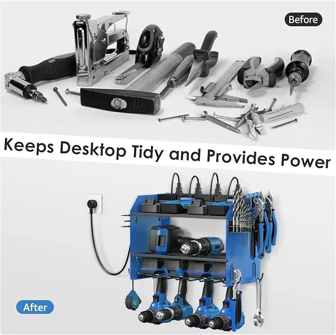 CCCEI Set Power Tool Organizer Wall Mount with Charging Station. Garage 4 Drill Storage Shelf with Hooks, Heavy Duty Metal Tool Battery Charger Organizer. Shop Utility Rack with Power Strip Blue. by GreenHaven Gardens
