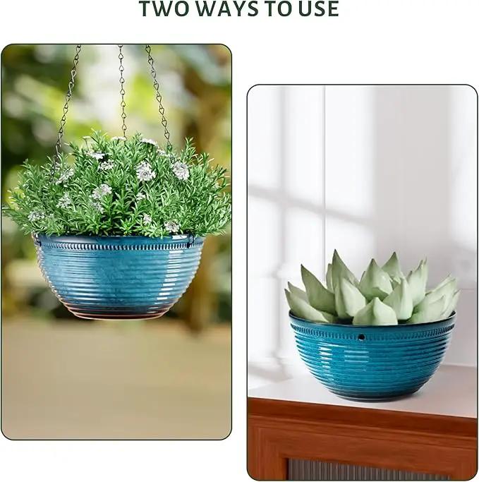 10in Hanging Planters for Indoor and Outdoor Plants, 2 Pack Hanging Planter with Drainage Hole, Round Hanging Flower Pots for Garden Home Decor (Blue) by GreenHaven Gardens