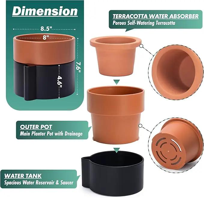8 Inch Self-Watering Planter Pot with Terracotta Insert, Deep Water Reservoir, and Ceramic-Alike BPA-Free Plastic Planter Pot for Plant, Modern Planter for Houseplants, Black/Terracotta, 53-B-T-5 by GreenHaven Gardens