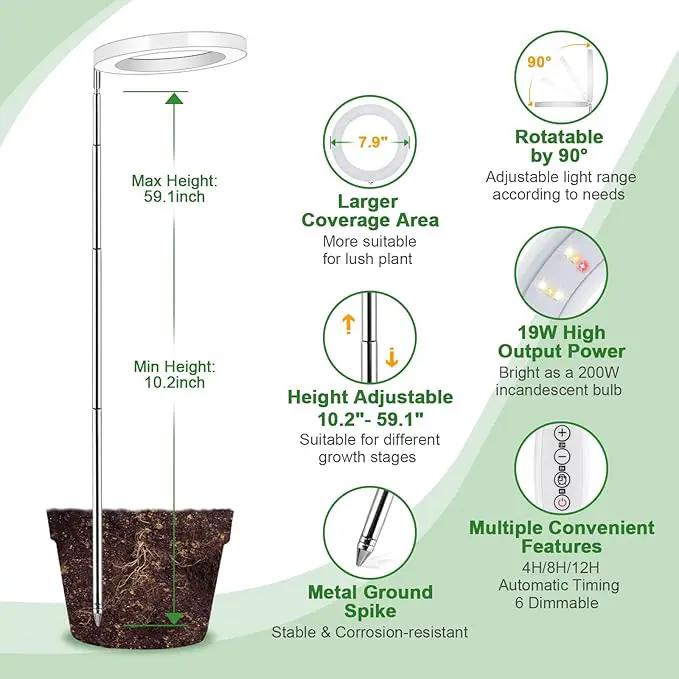 LORDEM Grow Light for Indoor Plants, 7.9" Full Spectrum LED Plant Grow Light, Height Adjustable Growing Lamp with Auto Timer 4H/8H/12H, 6 Dimmable Levels, Ideal for Indoor Large Tall Plants Growth by GreenHaven Gardens