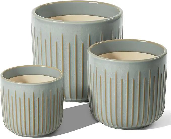 LE TAUCI Ceramic Planters, Set of 3 Plant Pots for Indoor Plants, 8.3+6.9+5.7 inch Flower Pots with Drainage Holes, Large Cylinder Planters Pot for Outdoor Indoor House Plants, Glaze Blue Gray by GreenHaven Gardens
