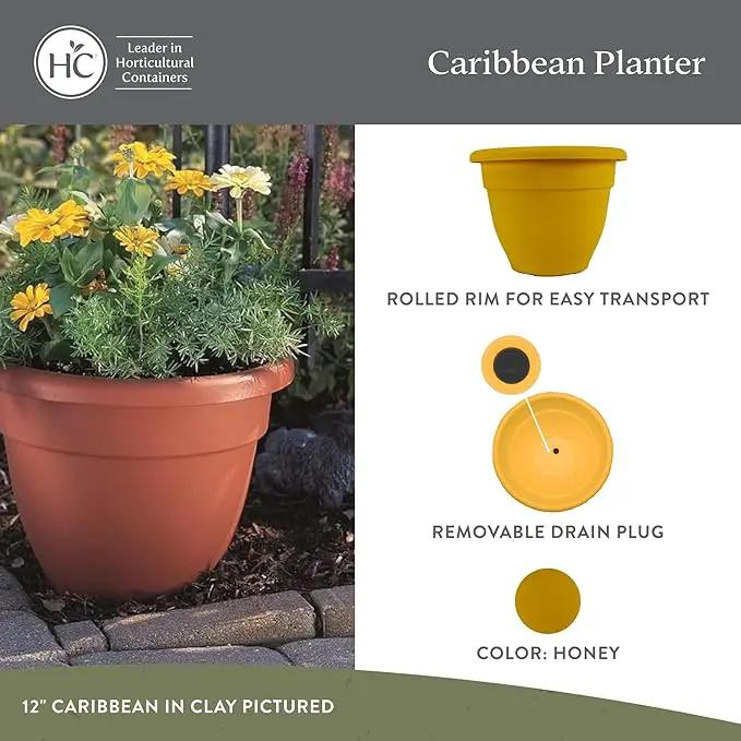 The HC Companies Caribbean Planter Pot - Outdoor & Indoor Plant Pot with Drainage Hole & Plug - Rolled Rim Plastic Pots for Plants & Flowers - Decorative Plant Pot (14" Honey, Pack of 2) by GreenHaven Gardens