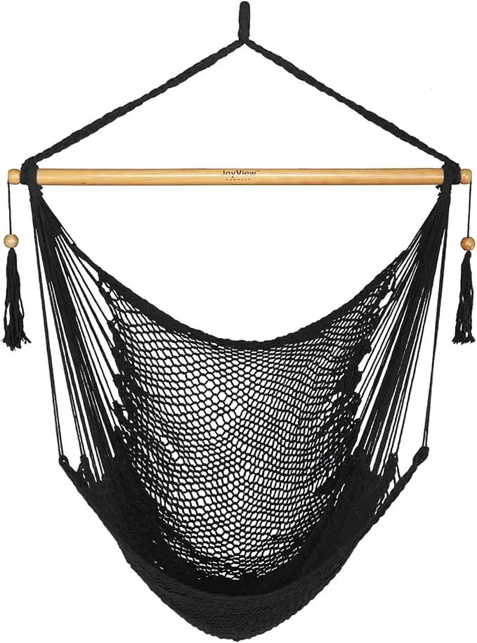 JoyView Hammock Chair with Spreader Bar Caribbean Hammock Swing Chair 300 LBS Weight Capacity XL Rope Hanging Chair for Outdoor Indoor Garden Yard - Black by GreenHaven Gardens
