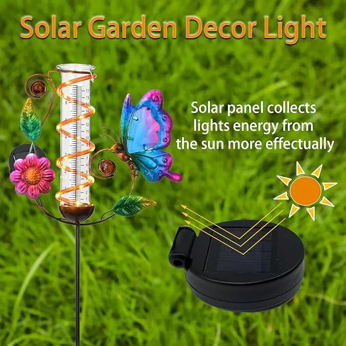 BAYN 36.3” Rain Gauge Outdoor Solar Powered 10 LEDs 7” Tube Garden Butterfly Metal Decorative Stake with Waterproof Large Glass Tube Rain Guage for Yard, Garden, Patio, Lawn by GreenHaven Gardens