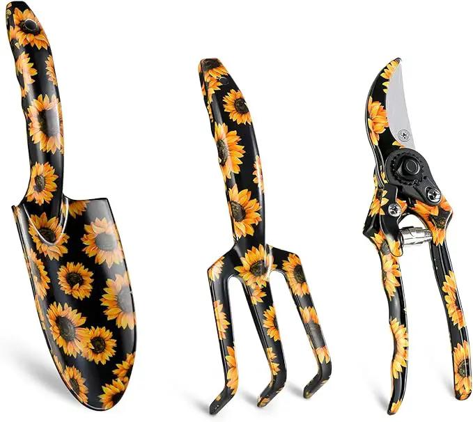 GARTOL Garden Tool Set - 3 Piece Thickly Cast Aluminum Gardening Tools Kit with Flower Paint, Heavy Duty Hand Garden Tools with Box Include Trowel, Rake, Pruner Shear, Gift for Gardener (Sunflower) by GreenHaven Gardens
