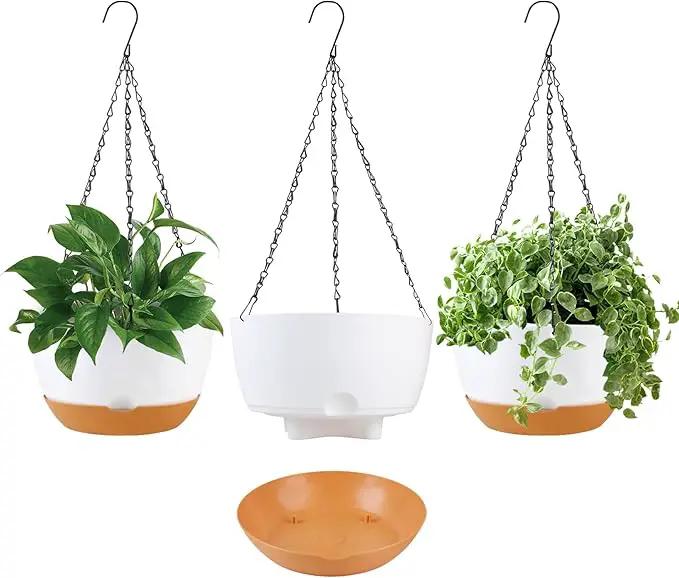 10 inch Hanging Planters Self Watering Pots for Indoor Plants, 3 Pack Plastic Hanging Basket with Removable Tray for Home Garden Porch Balcony Patio Decor (White) by GreenHaven Gardens