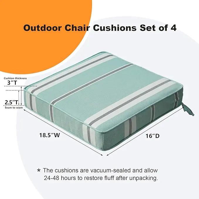 Square Corner Seat Cushions, 18.5" x 16" x 3", Set of 4, Indoor Outdoor Water Repellent Universal Chair Pads with Ties for Patio Furniture, Garden Deck Dining Chairs, Aqua Stripe by GreenHaven Gardens