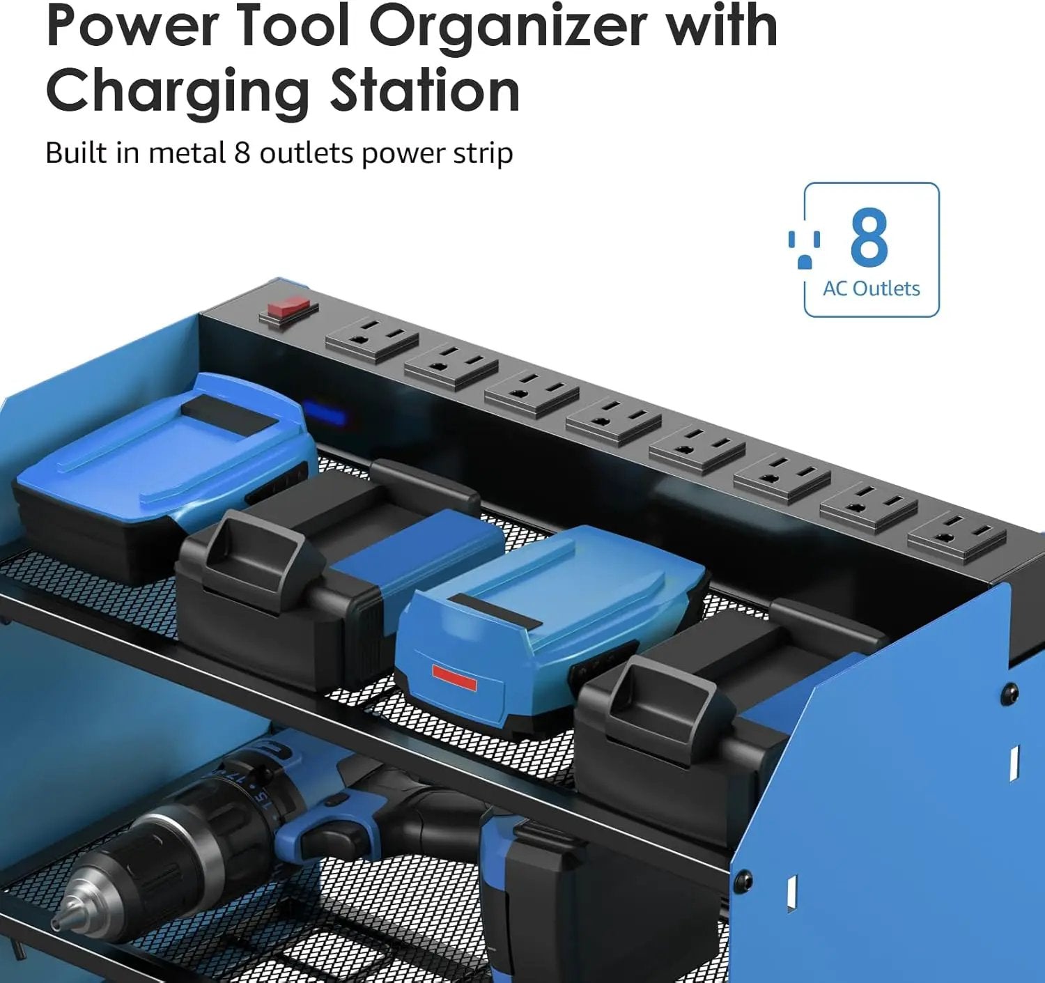 CCCEI Modular Power Tool Organizer Wall Mount with Charging Station. Garage 4 Drill Storage Shelf with Hooks, Screwdriver, Drill Bit Heavy Duty Rack, Tool Battery Holder Built in 8 Outlet Power Strip. by GreenHaven Gardens