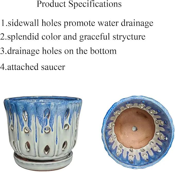 Ceramic Orchid Pot with Drainage Hole 6'' Orchid Planter (Blue Cover White) by GreenHaven Gardens