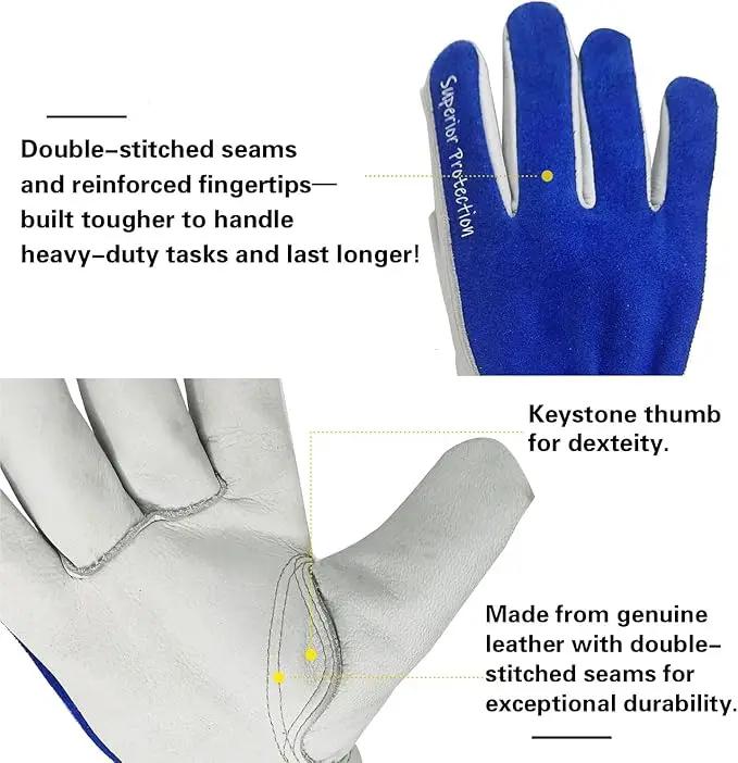 12 Pairs Bulk Leather Work Gloves for Men or Women for Construction, Wood cutting, Driving, Gardening, Automotive Repair, Water Resistant, Soft, Cowhide, Class 4 Abrasion Resistant, Blue-White, XL by GreenHaven Gardens