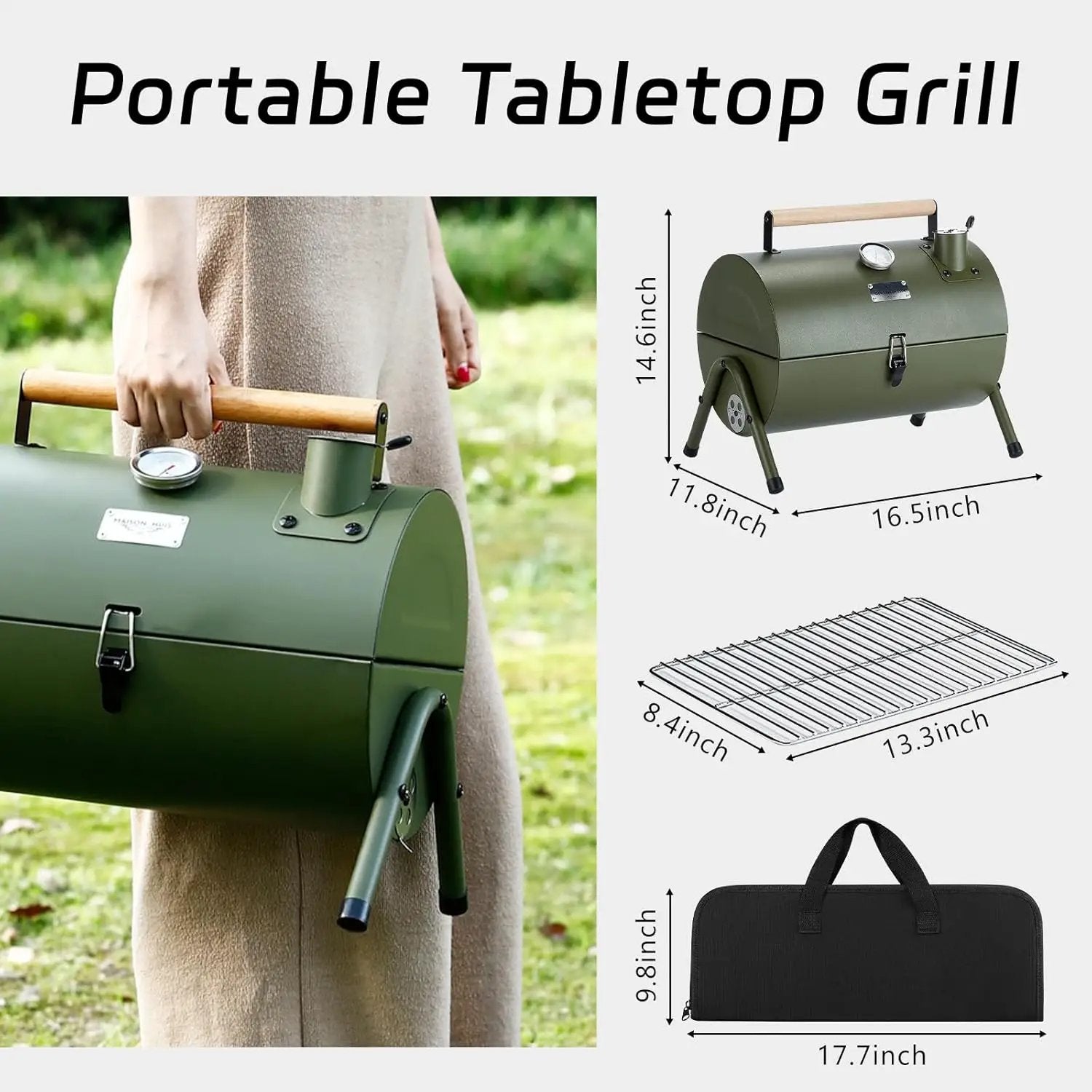 MAISON HUIS Adjustable Portable Charcoal Grill Multi-functional Metal Small BBQ Smoker with 9-Piece Stainless Steel Grill Tool Set for Outdoor Hiking Picnic (Green Kit) by GreenHaven Gardens