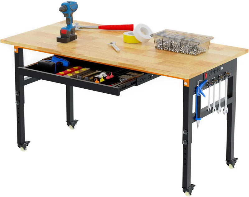 60" Adjustable Workbench on Wheels, 2000 LBS Heavy Duty Work Table with Power Outlets & Pegboard, Rubber Wood Workstation for Garage, Workshop, Office, Home, Commercial by GreenHaven Gardens