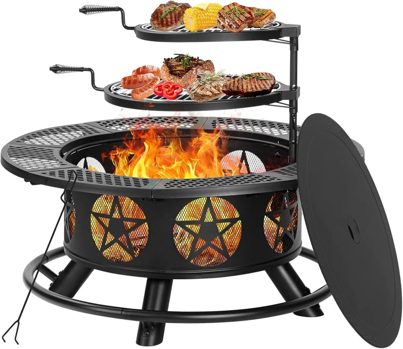 36 Inch Fire Pit with 2 Grills, Wood Burning Fire Pits for Outside with Lid & Poker, BBQ& Outdoor Firepit & Round Metal Table 3 in 1 for Patio, Picnic, Party by GreenHaven Gardens