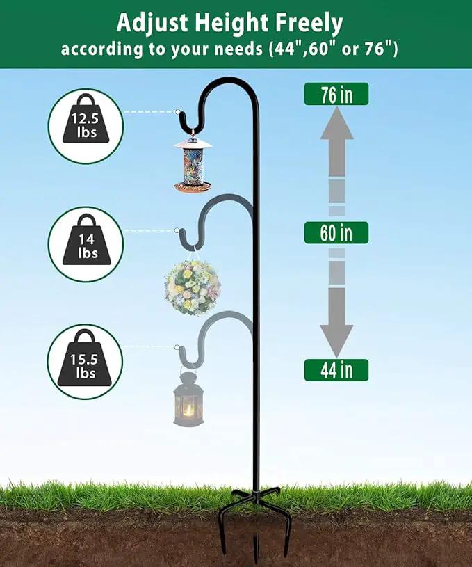 Artibear Adjustable Outdoor Shepherd Hook Stand with 5 Prong Base, 76 Inches Tall 3/5 in Thick, Shiny Black (2 Packs) by GreenHaven Gardens