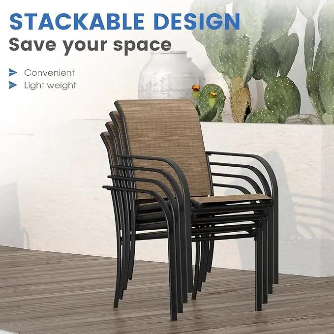 VICLLAX 5 Pieces Patio Dining Set for 4, Outdoor Furniture Set Includes 40.7" Round Patio Table and 4 Patio Stackable Chairs, Black Tabletop and Brown Fabric by GreenHaven Gardens