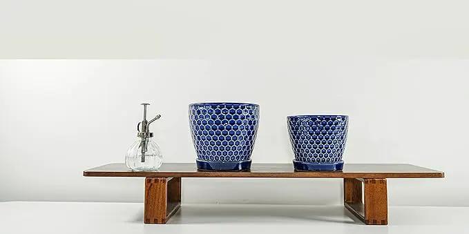 Docrin Ceramic Plant Pots Indoor: 6.6 + 5.5 Inch Planters with Drainage Holes and Saucer for Home/Office - Set of 2 /Blue Honeycomb by GreenHaven Gardens