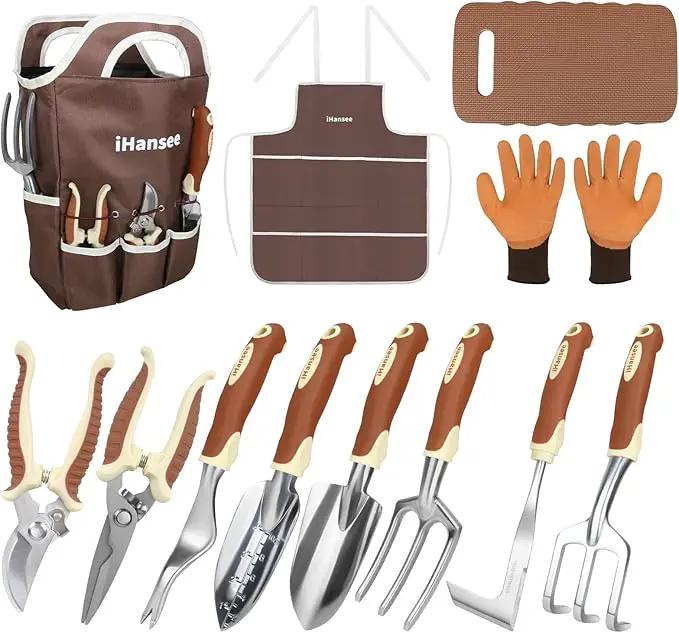 Brown Gardening Tools Set 12-Piece, Garden Hand Tool Kit with Non-Slip Ergonomic Handle, Storage Tote Bag, Garden Apron, Gloves and Kneeling Pad, Gardening Gifts for Women Men Plant Lover by GreenHaven Gardens