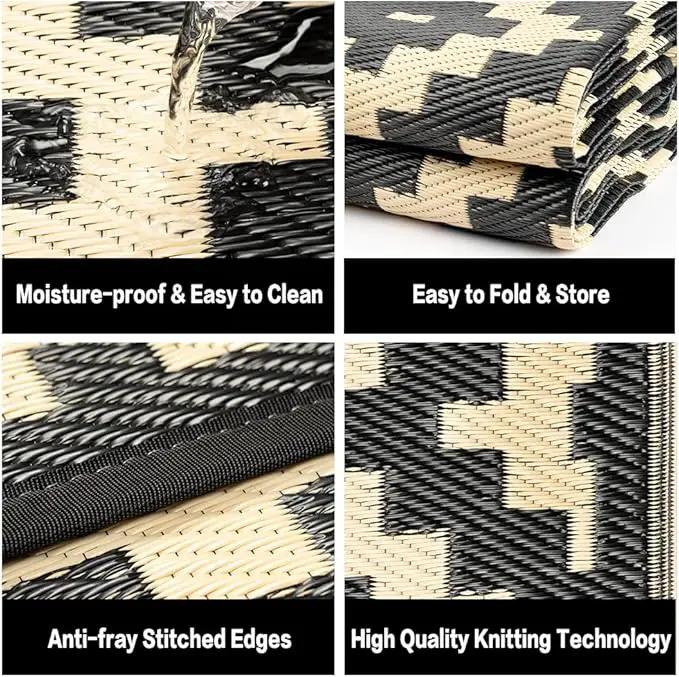 Outdoor Plastic Straw Rug, Waterproof Mat, Washable Large Floor Mat and Rug for Outdoors, RV, Beach, Patio, Camping, Backyard, Deck, Picnic, Indoor Outside (6x9ft,Geometry/Black&Beige) by GreenHaven Gardens