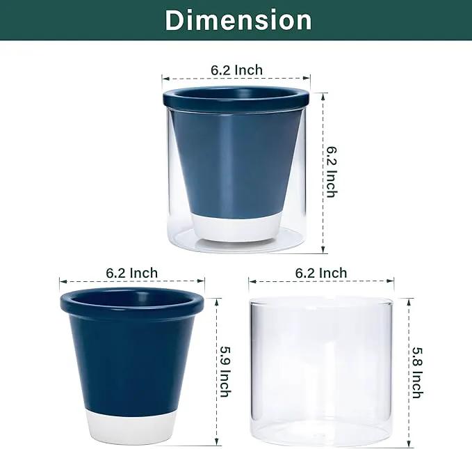 D'vine Dev 6 Inch Design Self Watering Planter for Indoor Plants, Blue Terracotta Pot with Cylinder Glass Cup, Set of 2, 37-Y-B-4 by GreenHaven Gardens