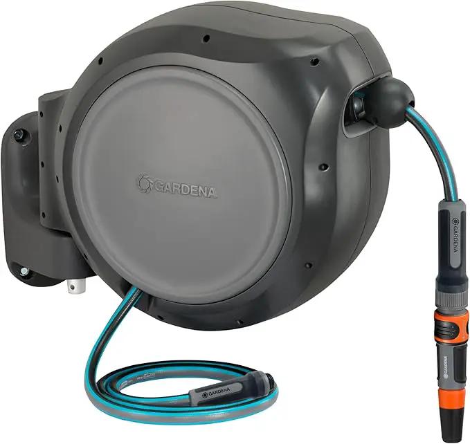 GARDENA 20505, 100' Retractable Garden Hose Reel with US Hose Threads - 100' x 1/2" hose, Automatic Retraction & Length Lock for Easy Watering. Heavy Duty Swivel Bracket 180°, Includes Nozzle. by GreenHaven Gardens