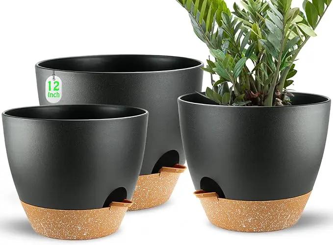 Large Self Watering Planters Plant Pots Outdoor 9/10/12 Inch for All House Plants Black Plastic Flower Pots with Drainage Hole Flower Pots for Indoor Plants Gift Idea for Home Decor by GreenHaven Gardens