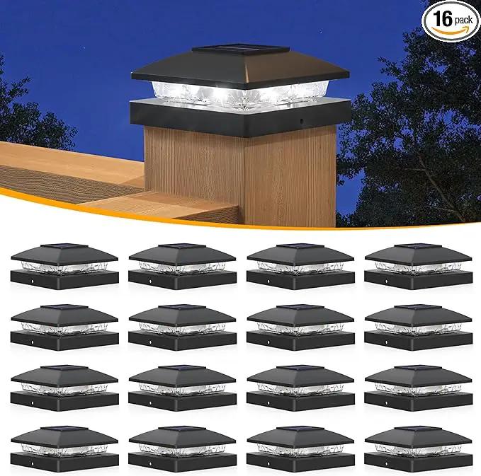 APONUO Solar Post Cap Lights for 4x4 Wood & Vinyl Posts, IP44 Waterproof Cool White LED 4x4 Post Solar Lights, Outdoor Garden Patio Yard Decor, 16 Pack (Black) by GreenHaven Gardens