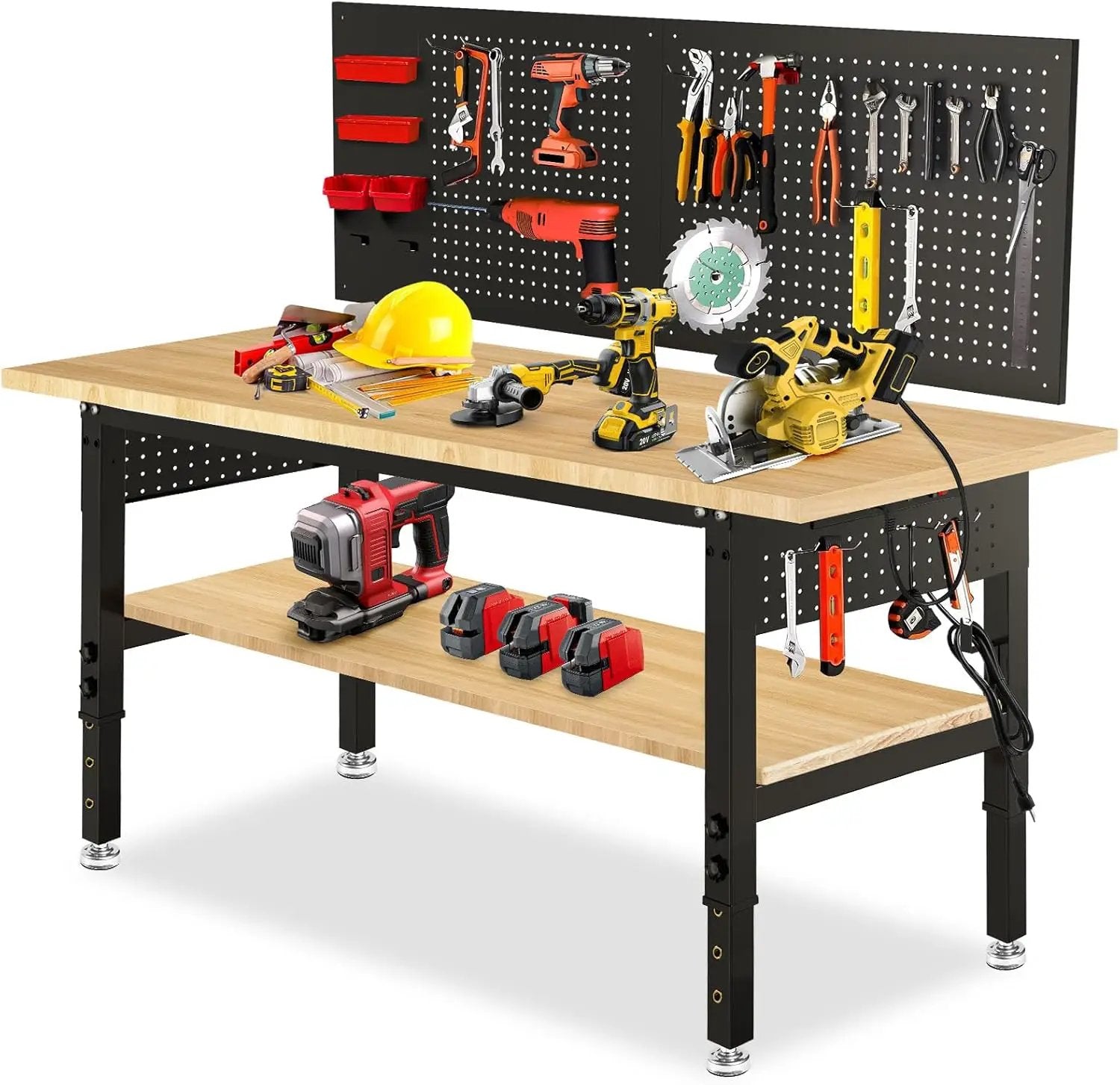 60“ Adjustable Height Workbench Work Bench for Garage Work Table with Under Table Shelf Heavy Duty Rubber Wood Top for Shop Woodworking, Office, Home, Commercial by GreenHaven Gardens