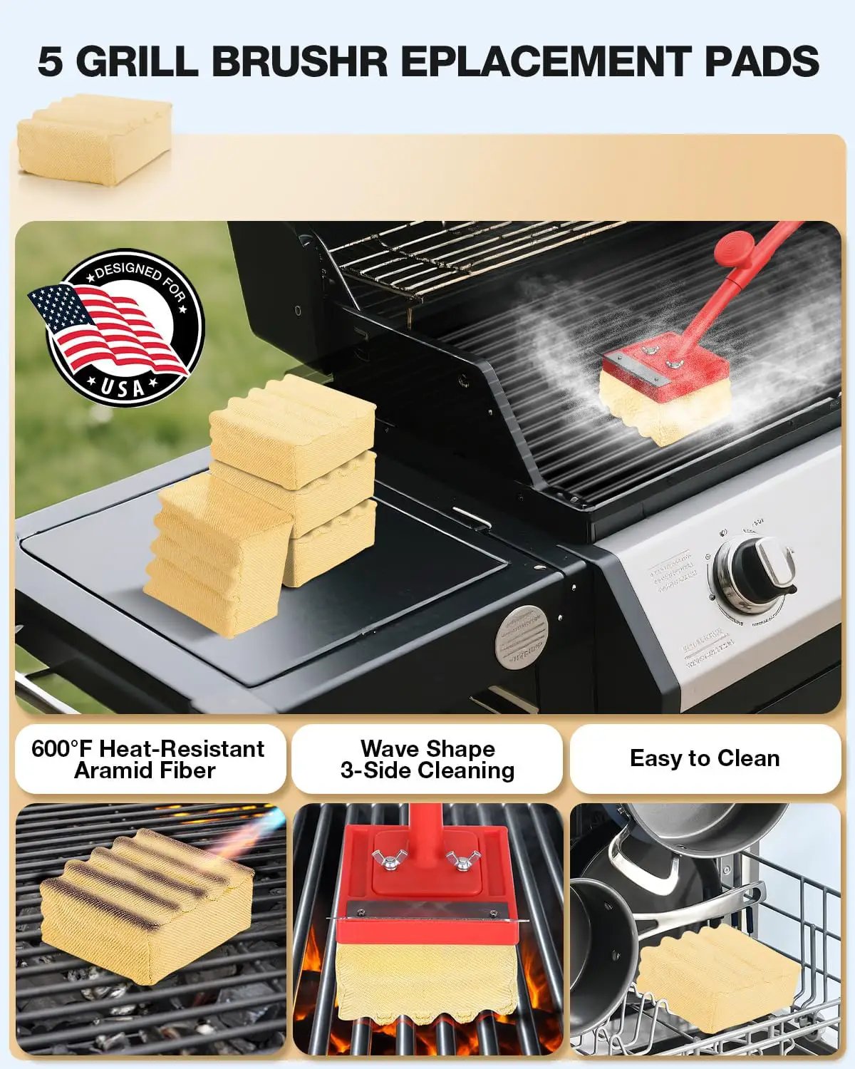 Grill Brush Bristle Free(Fire-Resistant Fabric),4 Replaceable BBQ Cleaning Head,Safe Replacement Cleaning Pad for Cast Iron or Stainless-Steel Grates (No Handle) by GreenHaven Gardens