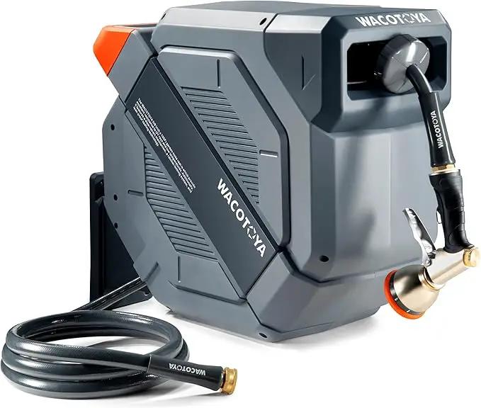 Retractable Garden Hose Reel 1/2 in x 100 ft Professional Metal Bracket & 9-Pattern Metal Nozzle UV Resistant Brass Fitting Heavy Duty Wall Mount Any Length Lock Slow Retraction 180° Swivel by GreenHaven Gardens