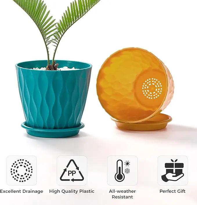 FaithLand 6-Pack 6-Inch Plastic Plant Pots with Saucers | Thickened PP Material, Modern Wave Texture, Enhanced Drainage for Indoor/Outdoor Garden Plants | Multicolor Value Set by GreenHaven Gardens