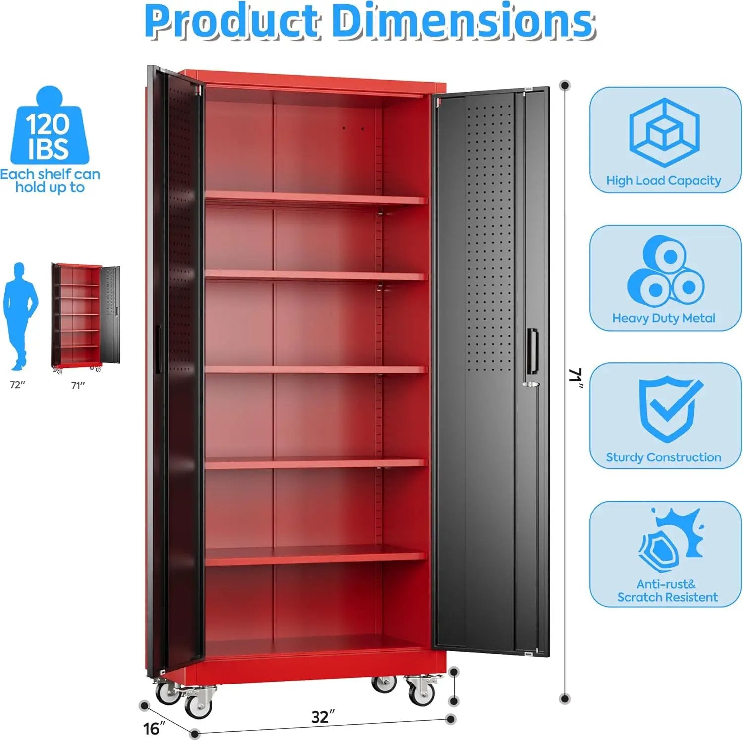 71" H×32" W×16" D Garage Storage Cabinet with Wheels, Locking Metal Storage Cabinet with 5 Adjustable Shelves, 4 Hooks and Pegboard for Garage, Home Office, Kitchen, Black and Red by GreenHaven Gardens