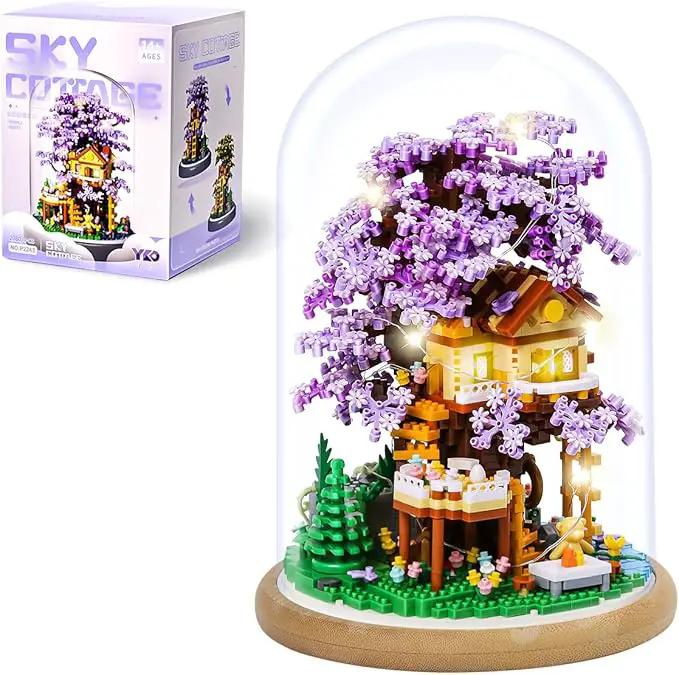 DIY Flower Building Toy Sets Miniature Cherry Blossom Tree House Building Kit, Purple & Yellow Sakura Flowers, Building Blocks Set for Adults & Girls - Bonsai Tree Model with Dust Cover by GreenHaven Gardens